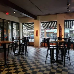 a checkered floor and tables