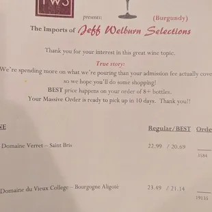 Sit down wine event menu