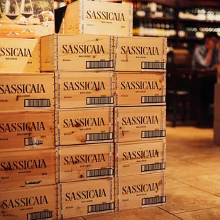 a stack of wine boxes