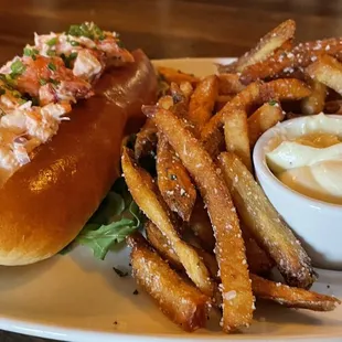 Lobster roll with fires and truffle aioli.