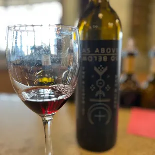 a wine glass and bottle