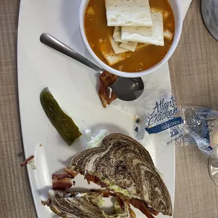 a plate of food and a bowl of soup