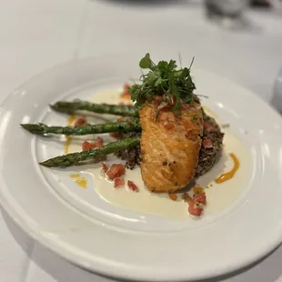 Seared Icelandic Salmon  Quinoa / Asparagus/ Sauce Vierge / lemon Beurre Blanc