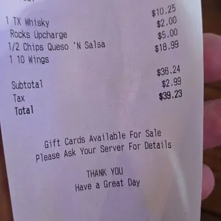 Reciept showing $2 uncharged for ice.....