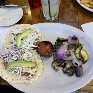 Two soft shell Tacos with fish as off menu options.  Fresh ingredients &amp; flavors.