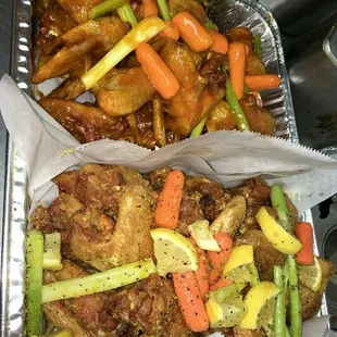 We have Party Wings (cut whole wings) and Whole wings.  Always served with celery, carrots, ranch/bleu cheese and rolls.