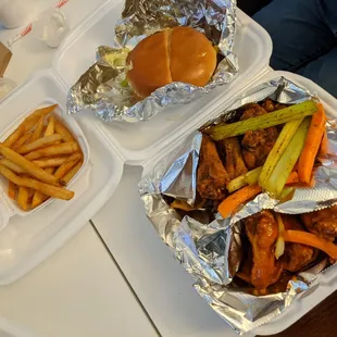 Fries cheese burger and season wings and honey hot.