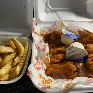 Mild hot 10 piece party wing with regular small fries $14