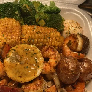 Shrimp Plate with extra corn and an egg added