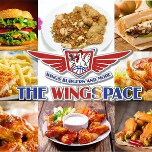 a variety of wings, fries, and other food items