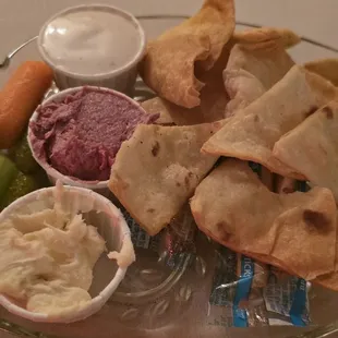 Relish tray (carrots, celery, crackerss, homemade chips, ranch dressing, liverwurst, &amp; brick cheese spread)