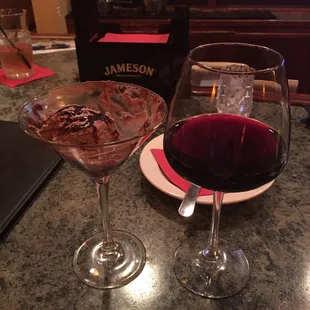 Red blend and a chocolate mousse (couldn't wait to dig in!)