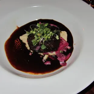 Short rib with celery root puree and purple kimchee