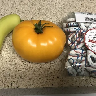 Banana pepper, heirloom tomato and patriotic frosted pretzels