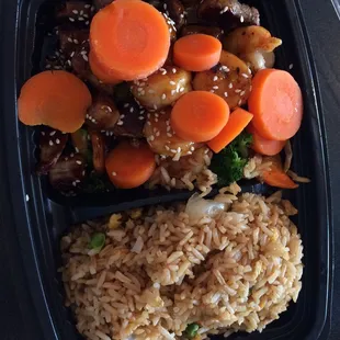 Lots &amp;  lots of carrots. not much steak or shrimp for a 12.00 meal. Get combos or you&apos;ll over pay and get nothing but carrots...