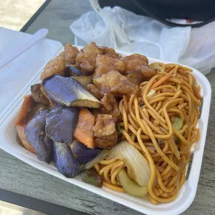 Chow Mein, Orange Chicken and Tofu Eggplant