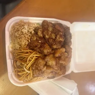 Two plate combo w/ Orange Chicken, Spicy chicken and rice and chow mein!