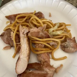 This is food from the teriyaki chicken bowl w/chow mein. We put it on a plate for our girls (young kids)
