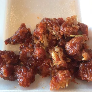 This is Orange chicken and isn&apos;t chicken. It is flour marinated with flavors and frying.