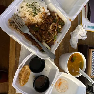 Mongolian with steak, Egg Drop Soup, and Potstickers (5).