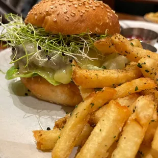 Burger and fries with Russian dressing on the side