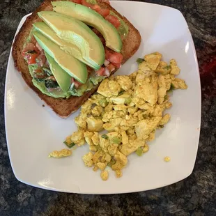 avocado toast (mediterranean) and vegan scramble side