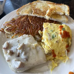 Sourdough toast, crispy hashbrowns, western omelette, biscuits &amp; gravy