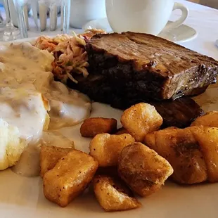 Brisket, Biscuits and Sausage Gravy, Siracha Cole Slaw and some fired potatoes.