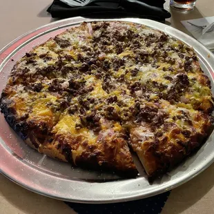 Whisler's pizza (cheeseburger w/ onion &amp; pickle and mustard)