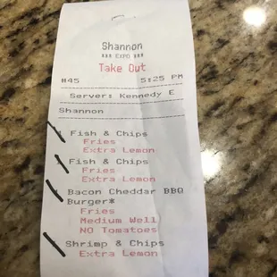 Receipt showing we ordered extra lemon- no extra lemon.