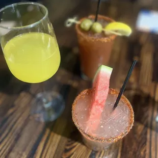 Mango mimosa, bloody Mary and spicy watermelon. Margarita.
