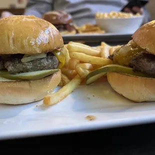 two burgers and fries