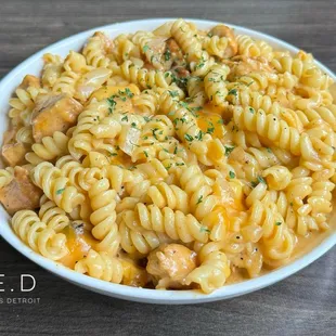 Mac with Chicken Bites, Onions, Cheddar, and Velveeta