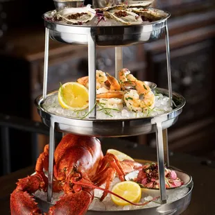 Seafood Sampler Tower: Half Dozen Oysters, Tuna Poke, Crab &amp; Cockle Ceviche Poached Jumbo Shrimp