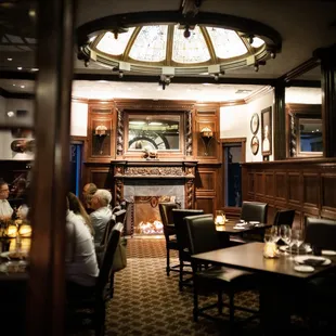 the dining room and fireplace