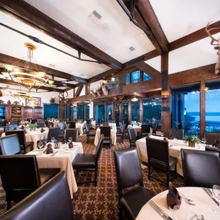 a dining room with a view