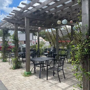 COVID safe outdoor seating with plenty of shade and a view of the playground.