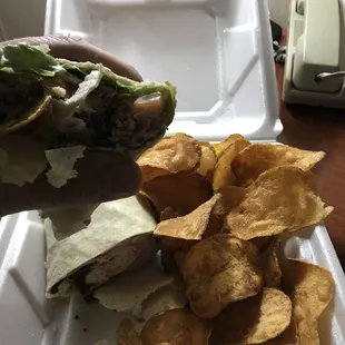 a tray of chips and a sandwich