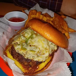 Philly cheese steak burger with cold fries