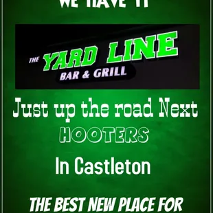 a green background with a picture of a bar and grill