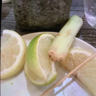 Nasty Bloody Mary garnish. Brown celery and discolored citrus.  This is appalling.