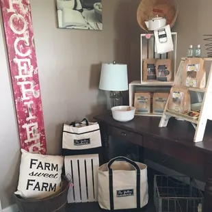 They sell Farmhouse decor, market totes, Flour and Baking mixes that they grow, mill, and package on the farm.