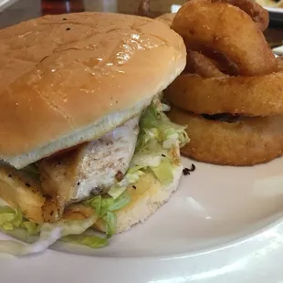 Grilled Chicken sandwich with onion rings