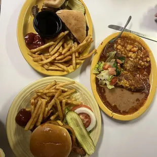 The Hoss , the Chachi burger, and the Morticia Chilis Rellenos