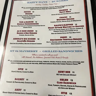 Burgers, grilled sandwiches menu