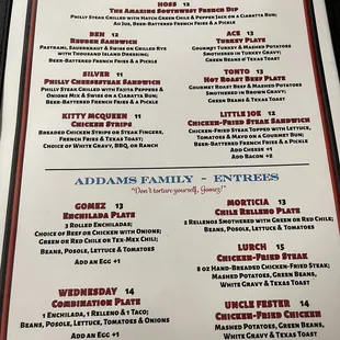 Specials, entrees menu