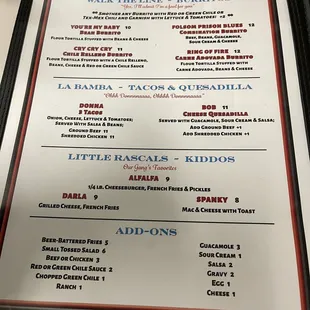 Burritos, tacos/quesadilla, kid&apos;s menu, and add-ons menu