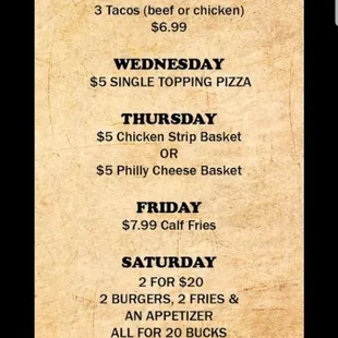 Specials 
Note: Tuesday Special is wings or Hot Hamburger