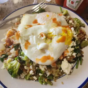 Hippie hash skillet, overcooked egg