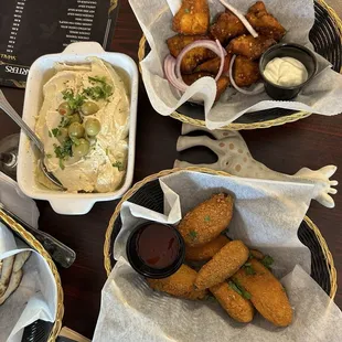 Lahori fried fish soups, hummus, and jalapeño cheese bites